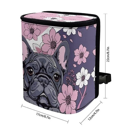 Talayituse French Bulldog Cherry Blossom Print Car Trash Can with Lid, Leak Proof Auto Trash Bag Hanging Vehicle Garbage Can Multipurpose Storage Container for Back Seat Road Trip