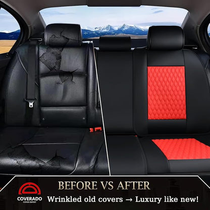 Coverado Leather Rear Seat Covers for Cars, Waterproof Back Seat Cover, Universal Automotive Seat Cushion Protector for Most Cars Trucks SUV (Black & Red Line)