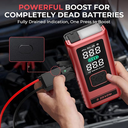 S ZEVZO Car Jump Starter with Air Compressor, 4000A 150PSI Jump Box Battery Pack(6.0 Gas/4.0L Diesel), Portable 12V Jump Box with Auto-Shutoff Tire Inflator, USB Ports, LCD Display & LED Light