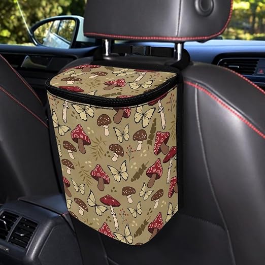 Talayituse Mushroom Butterfly Print Car Trash Can with Lid, Leak Proof Auto Trash Bag Hanging Vehicle Garbage Can Multipurpose Storage Container for Back Seat Road Trip