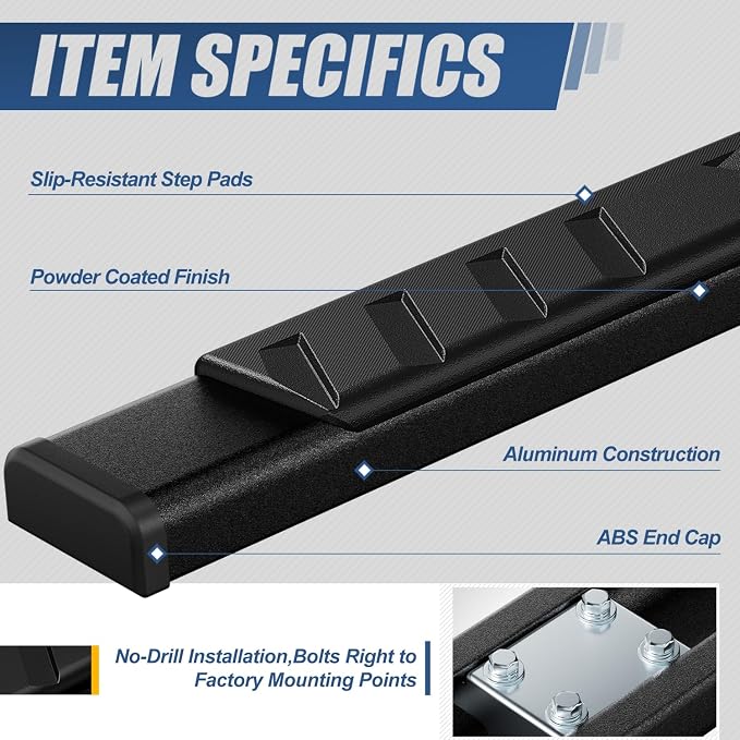 Auto Dynasty Flat Running Boards Compatible with 2009-2024 Dodge Ram 1500 Truck Extended/Quad Cab, Stainless Steel Side Step Rail Nerf Bars, 5" Step Bars, Black Powdercoated