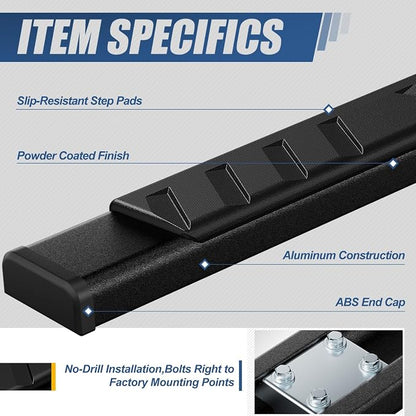 Auto Dynasty Flat Running Boards Compatible with 2009-2024 Dodge Ram 1500 Truck Extended/Quad Cab, Stainless Steel Side Step Rail Nerf Bars, 5" Step Bars, Black Powdercoated