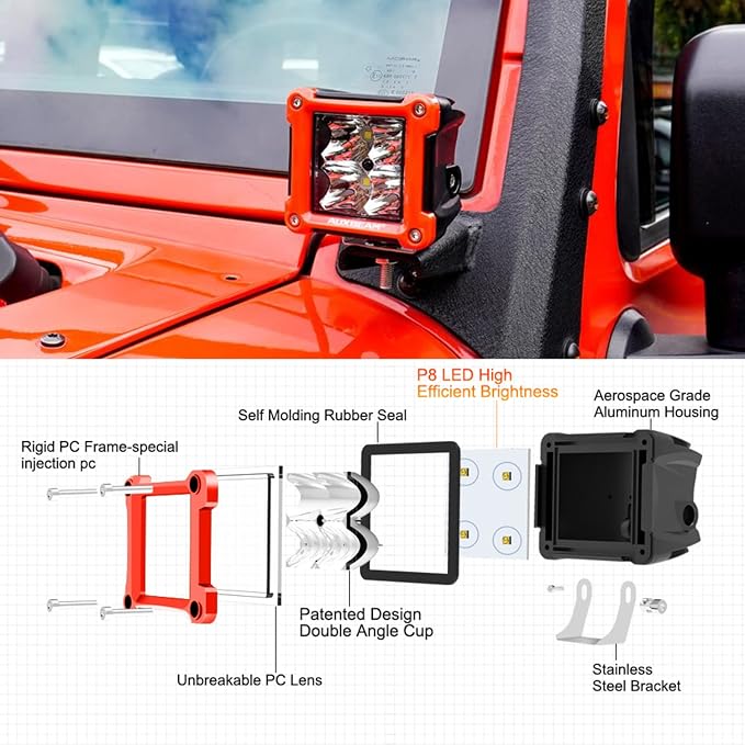 Auxbeam FA Series Red Housing LED Pods, 3-Inch 40W Spot Beam Aux Light Bar, Off-Road Spotlight Hood Hinge Lights, A-Pillar Ditch Lights Driving Offroad Lighting, 2-Pack
