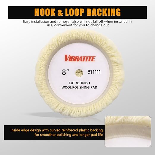 VIBRATITE 8 Inch Wool Buffing Pads, Natural Wool Polishing Pads, Hook and Loop Buffing Pad for Polisher, Cutting and Compounding, Car Polishing
