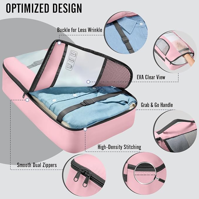 Veken 10 Set Packing Cubes for Travel Essentials,Anti-Wrinkle Buckled Suitcase Organizer for Shoe & Toiletry Bag,Carry On Luggage Bag with 99+ Count Mesh Holes for Airplane & College Dorm Accessories