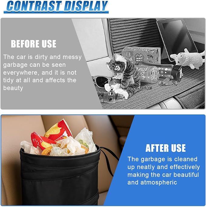 1 Gallon Collapsible Pop-up Car Trash Can - Mini Portable Hanging Garbage Can Car Trash Bin with Attached Hook&Elastic Band - Waterproof Waste Basket Bin Auto Garbage Bag for Cars/Home(2Sets)