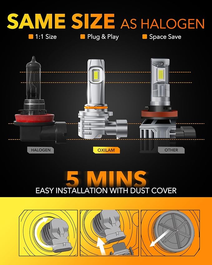 OXILAM H11 LED Bulbs, 30000 Lumens 800% Ultra-Bright, 6500K Pure White H8 H9 Fog Light, Easy Plug-N-Play Installation, IP68 Waterproof, Pack of 2
