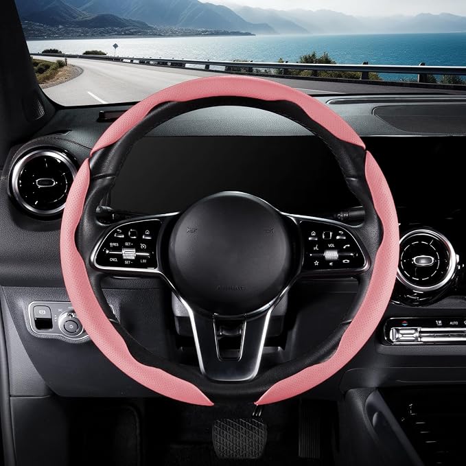 Nappa Leather Car Steering Wheel Cover for Men Women, Ultra-Thin Non-Slip Breathable Microfibre, Universal for 14.5"-15" Steering Wheel - Pink
