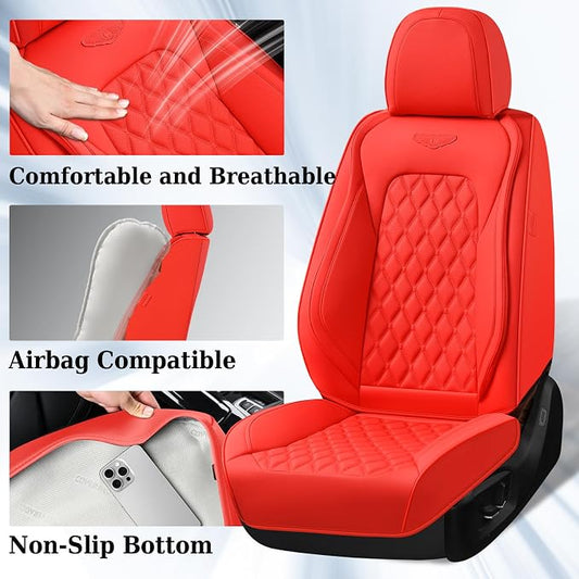 Coverado Full Set Car Seat Covers, 5-Seat Universal Faux Leather Waterproof Seat Covers, Front & Back Car Seat Protectors, Red Leather Seat Covers Fit for Most Vehicles-Red