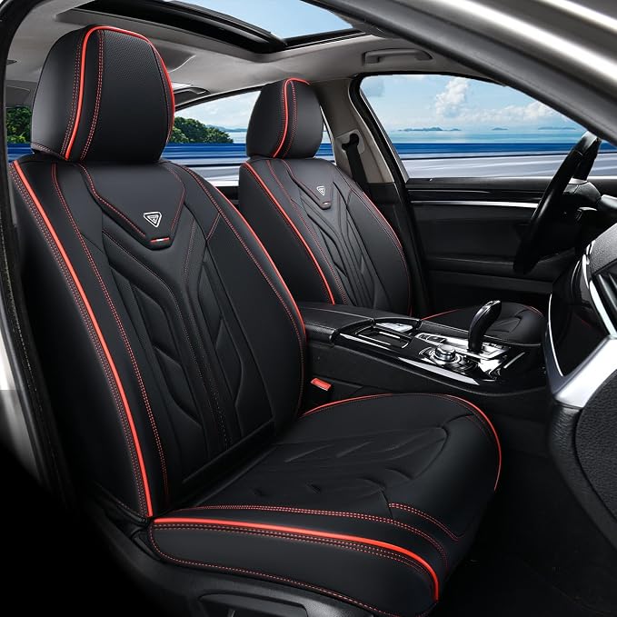 Coverado Front Car Seat Covers, 2Pcs Leather Seat Covers for Cars, Car Seat Protector Front Seats Only Auto Car Accessories Fit for Most Sedans SUV Pick-up Truck(Black&Red)