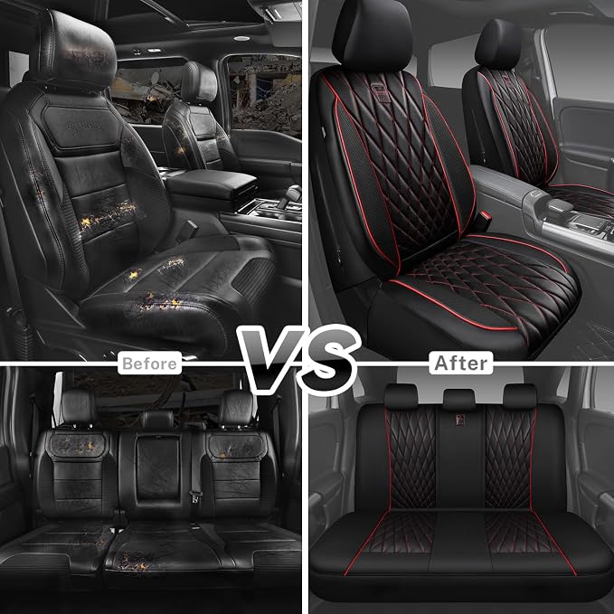 CAR PASS Piping Luxury Leather Seat Covers Full Set,5 Seats Anti-Slip Waterproof Seat Covers Compatible with Front Armrests,Universal Fit for Sendan SUV Van Truck,Airbag Compatible,Black and Red