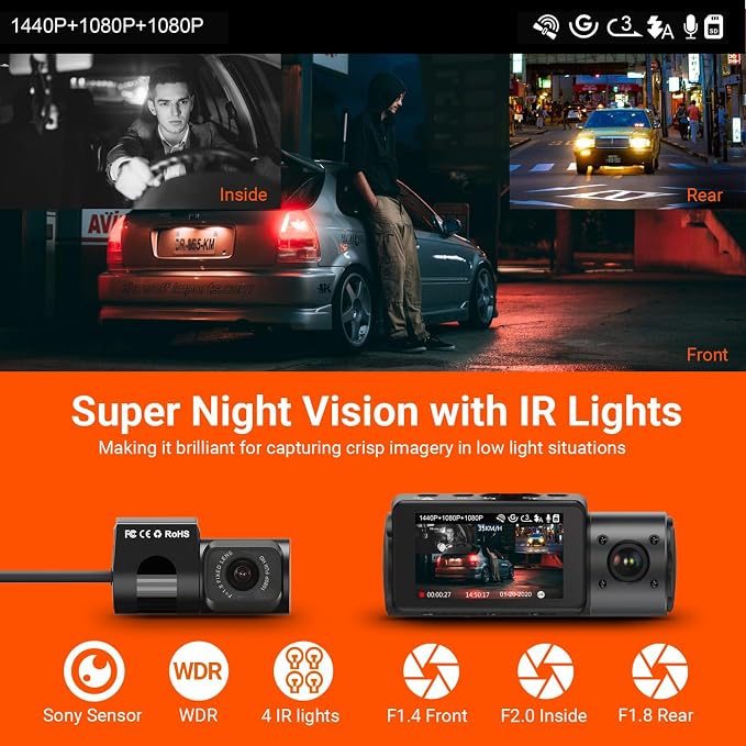 VANTRUE N4 3 Channel Dash Cam, 4K+1080P Dual Channel, 1440P+1440P+1080P Front Inside Rear Three Way Triple Car Dash Camera, IR Night Vision, Capacitor, 24 Hours Parking Mode (Renewed)
