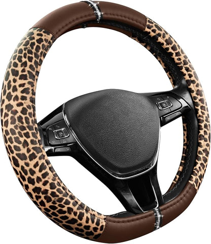 Road Comforts Leopard Steering Wheel Cover for Women, Cute Anti-Slip Microfiber Leather, Fits D Shape Flat Bottom Steering Wheel 14.5-15 Inch - Brown