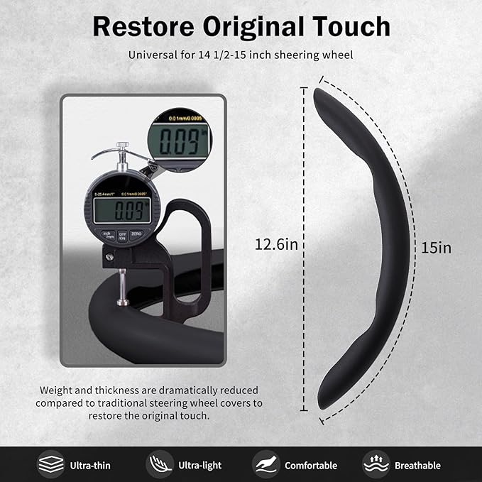 Nappa Leather Car Steering Wheel Cover for Men Women, Ultra-Thin Non-Slip Breathable Microfibre, Universal for 14.5"-15" Steering Wheel - Leather Black