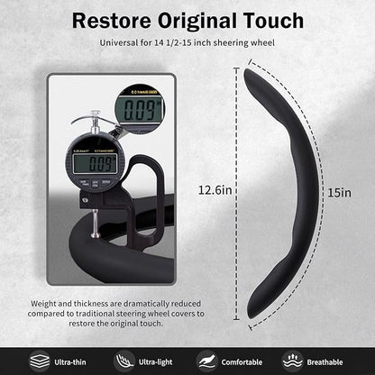 Nappa Leather Car Steering Wheel Cover for Men Women, Ultra-Thin Non-Slip Breathable Microfibre, Universal for 14.5"-15" Steering Wheel - Leather Black