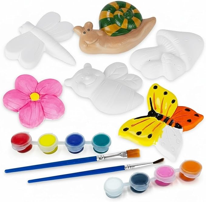 ArtCreativity Seasonal Ceramic Painting Kit for Kids – 6 Garden Plaster Figurines, 2 Paint Sets, 2 Brushes and 6 Magnets - 8 Unique Paint Colors - Toddlers' Spring Painting Craft - Summer Crafts 4-8