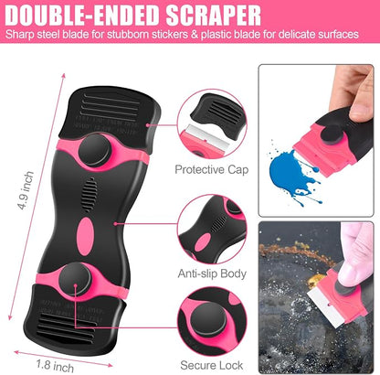 NECAMOCU 4 Pack Razor Blade Scraper, Premium Cleaning Scraper Tool with 50 PCS Metal & Plastic Razor Blades, Multi-Purpose Glass Scraper for Windows, Sticker, Decals, Cooktop, Paint Removal (Pink)