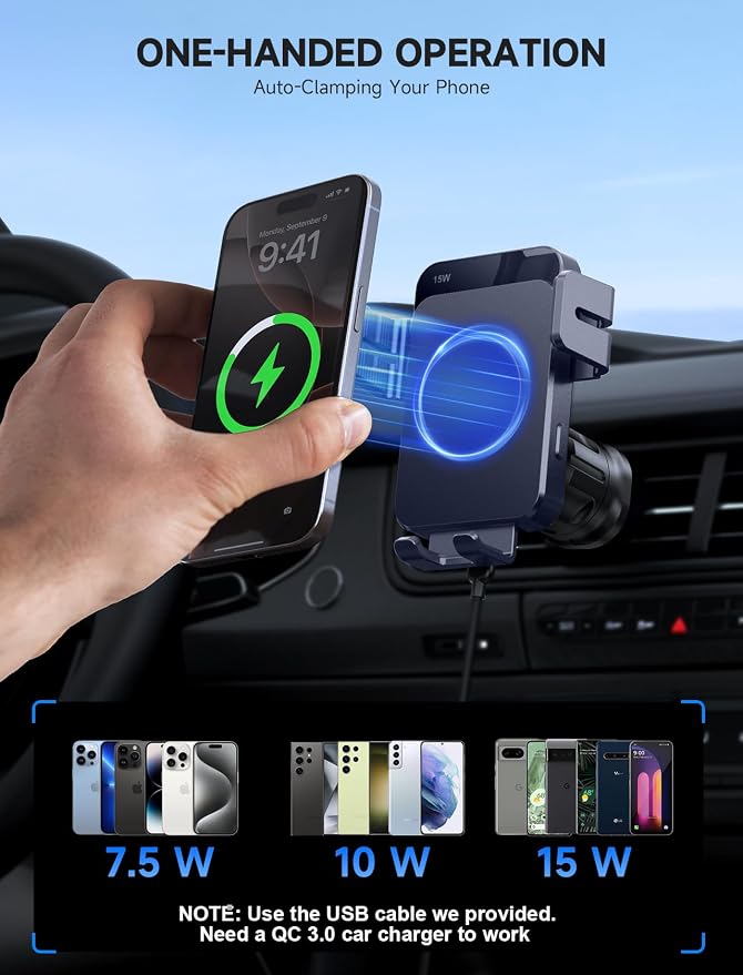 MOKPR Wireless Car Charger, 15W Auto Clamping Car Charger Dash Windshield Air Vent Phone Holder Compatible with iPhone 16 15 14/13/13 Pro/12 pro/12/11/X/8, Samsung S24/S23/S22