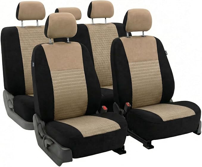 FH Group Car Seat Covers Trendy Elegance Beige Full Set Automotive Seat Covers, Airbag and Split Rear Combo Non-Slip Dash Grip Pad Universal Fit Interior Accessories Cars Trucks SUV Car Accessories