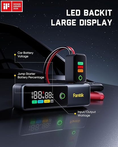 Fanttik Potent T10 1800A Portable Jump Starter, 12000mAh Power Bank, 12V Safe Lithium Jump Box with Smart SenseClamp, Retractable Charging Cable, Battery Booster for 7.0L Gas and 5.0L Diesel Engines