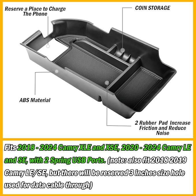 TACORBO Center Console Organizer Compatible with Camry XLE XSE 2018-2022 2023 2024 and Camry LE SE 2020 2021 2022 2023 2024 Insert Tray Accessories, Armrest Secondary Storage Box, Black Trim