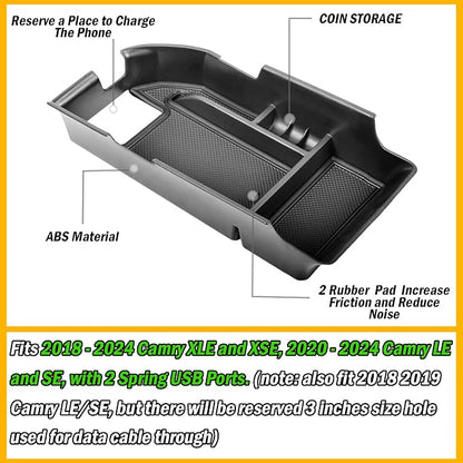 TACORBO Center Console Organizer Compatible with Camry XLE XSE 2018-2022 2023 2024 and Camry LE SE 2020 2021 2022 2023 2024 Insert Tray Accessories, Armrest Secondary Storage Box, Black Trim