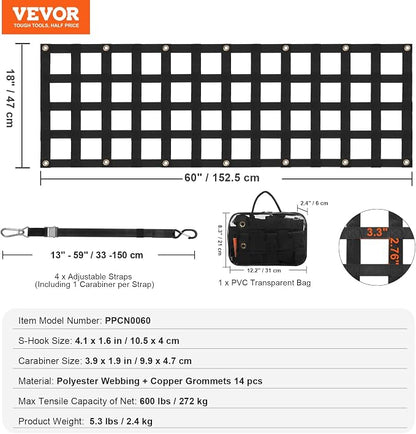 VEVOR Tailgate Net, 60 in x 18 in, Truck Bed Extender Tailgate Cargo Net with 4 Adjustable Buckle Straps, Extendable & Durable, Suitable for Truck, Trailer, Pickup, SUV