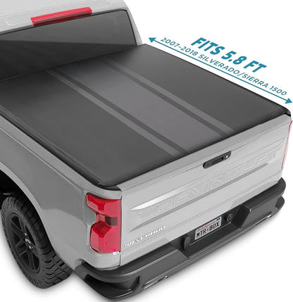 MotorBox Truck Tonneau Cover for Chevy Silverado 1500 / GMC Sierra 1500 (2007-2018) with 5.8 ft Bed Length, All-Weather Retractable Soft Roll-Up Truck Bed Cover with Gray Stripes