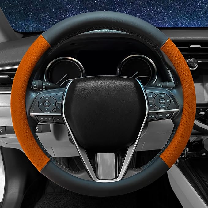 Steering Wheel Cover Standard Size 14.5-15 inch, Non-Slip Car Wheel Cover Protector, Non-Folding Packaging, Microfiber Leather, Black and Orange