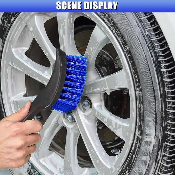 Car Wheel Brush, Stiff Bristle Short Handle Scrub Tire & Wheel Rim Brush, No-Scratch Carpet/Floor Mat Detailing Tool, Auto Interior and Exterior Cleaning Supply for Vehicle, Home (Blue)