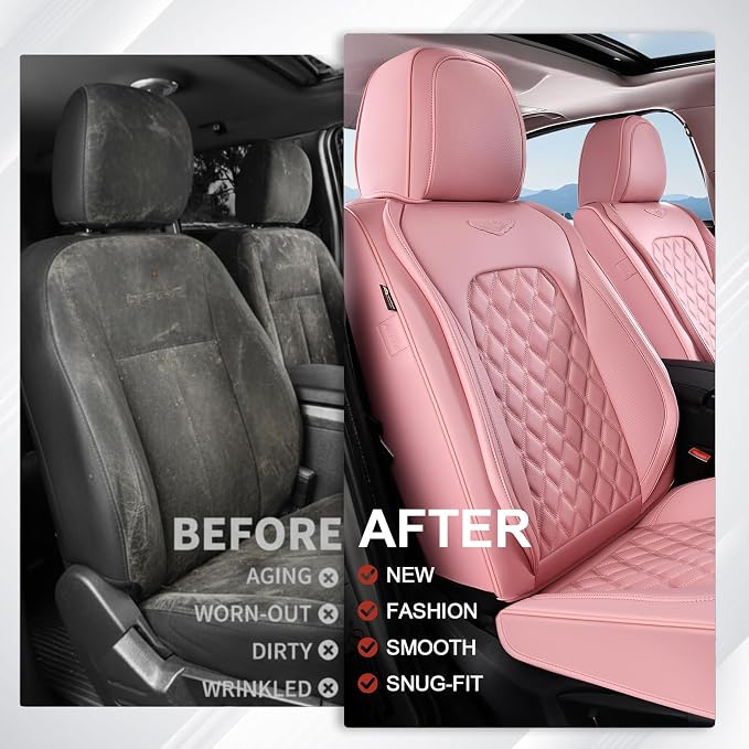 Coverado Front Seat Covers, Luxury Faux Leather Breathable Waterproof Protectors, Universal Fit for Cars, SUVs, Trucks, Durable Car Seat Protectors, Waterproof Car Cushions – Pink
