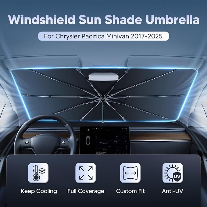 Autorder Windshield Sun Shade Umbrella for 2017-2025 2026 Chrysler Pacifica Minivan Accessories,Upgraded Ice Crystal Material,Easy Setup Umbrella Sunshade for Car Windshield,100% Sun Blocking