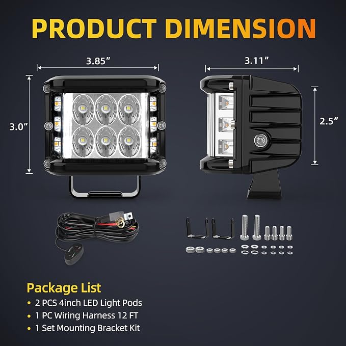 NAOEVO 4 Inch Strobe LED Light Pods, Amber White Blue Red Side Shooter, 6 Modes 60W Off Road Light with Memory Function, Emergency Fog Driving Work Light for Truck Boat ATV SUV with Wiring Harness