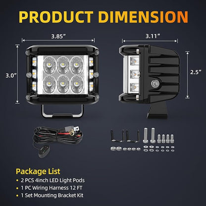 NAOEVO 4 Inch Strobe LED Light Pods, Amber White Blue Red Side Shooter, 6 Modes 60W Off Road Light with Memory Function, Emergency Fog Driving Work Light for Truck Boat ATV SUV with Wiring Harness
