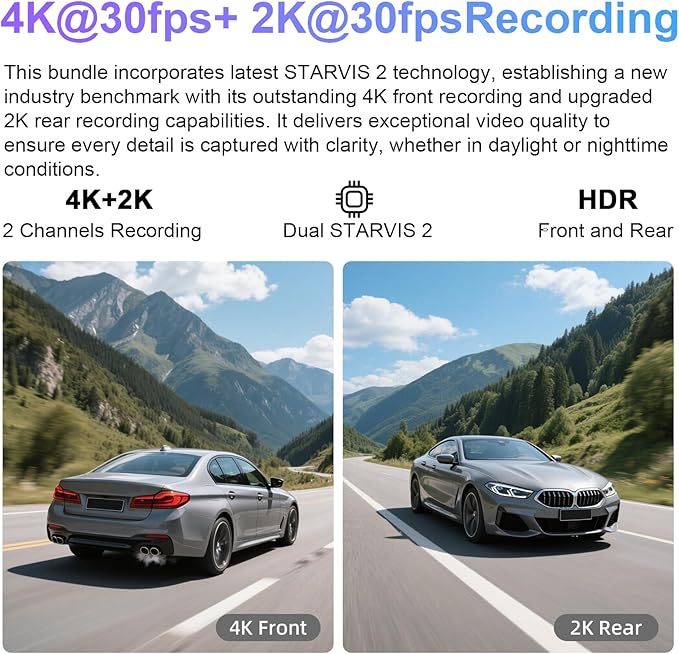 mangoal 4K Front & 2K Rear 2 Channel HDR Dash Cam, Dual STARVIS 2 IMX678 IMX675, for GMC Yukon, Yukon XL 2015 2016 2017 2018 2019 2020(Model D), 5GHz WiFi, GPS, Support 512GB Max(Additional Purchases)