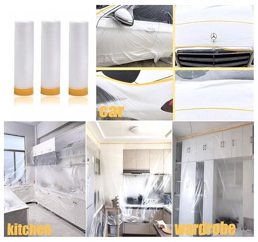 Tape and Drape, Pre-Taped Masking Film, 2 Rolls Automotive Best Tape and Drape Painters Paper, Paint Adhesive Protective Film Roll for Covering Skirting, Frames, Cars and Auto Body (59inchs x 65 feet)