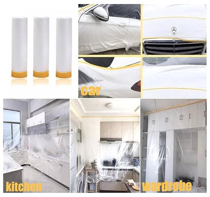 Painters Plastic with Tape, Pre-Taped Masking Film, Automotive Best Tape and Drape, Paint Adhesive Protective Film Roll for Covering Skirting, Frames, Cars and Auto Body (5 X 65-Feet) (1)