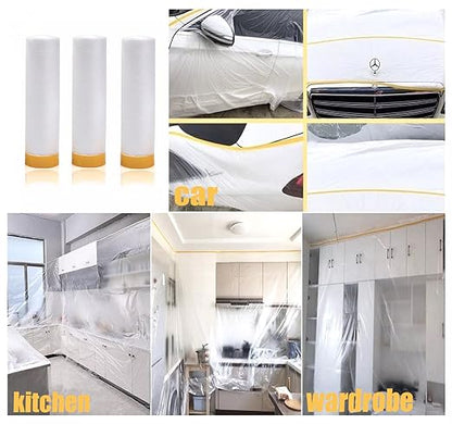 Painters Plastic With Tape, Pre-Taped Masking Film, 3 Rolls Automotive Best Tape and Drape, Paint Adhesive Protective Film Roll for Covering Skirting, Frames, Cars and Auto Body (5 X 65-Feet) (3)