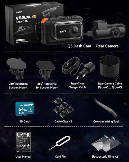 IIWEY 4K+4K Dash Cam Front and Rear, 5G Wi-Fi 64GB SD Card Included, STARVIS Dash Camera for Cars, 3 Inch IPS Screen, Dual Channel HDR Night Vision, 24H Parking Mode, 170° Widude Angle, G-Sensor
