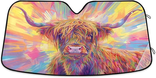 Windshield Sun Shade Abstract Highland Cow Front Window Block UV Shades Visor Reflective Retractable for Car SUV Trucks