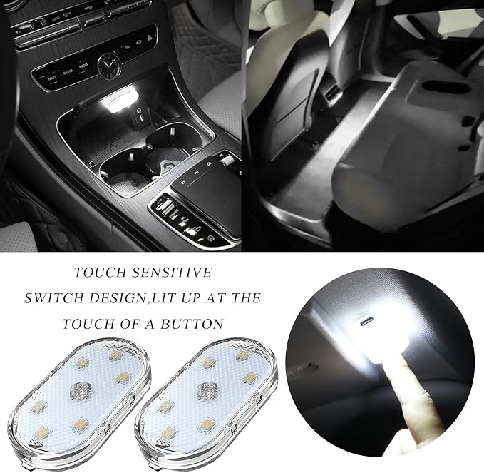 Wevdn 2 PCS Car LED Lights Interior Wireless, Magnetic Car Ambient Lighting with 6 Bright LED Lamp Beads, Portable USB Rechargeable Vehicle Interior Led Night Light for Car (White)