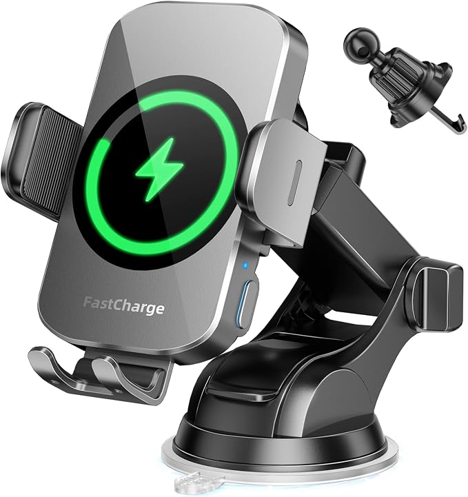 3-in-1 Wireless Car Charger Mount, 15W Fast Charging Auto-Clamping Phone Holder for iPhone 17 16 15 14, Samsung Galaxy S24 S23, Dashboard, Vent & Windshield Car Mount(Space Grey)