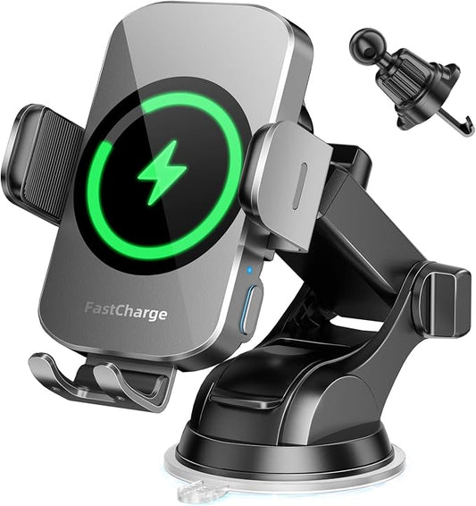 3-in-1 Wireless Car Charger Mount, 15W Fast Charging Auto-Clamping Phone Holder for iPhone 17 16 15 14, Samsung Galaxy S24 S23, Dashboard, Vent & Windshield Car Mount(Space Grey)