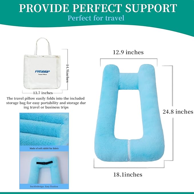 FHSGGP Travel Pillow Upgraded Version of Aircraft Travel Neck Pillow with Storage Bag, Sleep Pillows for Travel by Train, Car, or Plane, Supporting The Head and Body, Travel Pillow for Kids Blue