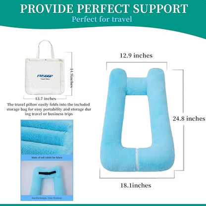 FHSGGP Travel Pillow Upgraded Version of Aircraft Travel Neck Pillow with Storage Bag, Sleep Pillows for Travel by Train, Car, or Plane, Supporting The Head and Body, Travel Pillow for Kids Blue