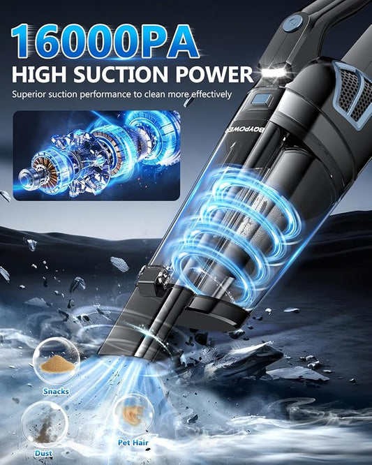 BQYPOWER Handheld Vacuum Cordless, 16000PA Strong Suction Hand Held Vacuum Cordless Rechargeable with Multiple Accessories, Portable Car Vacuum Cleaner High Power for Car Home Office