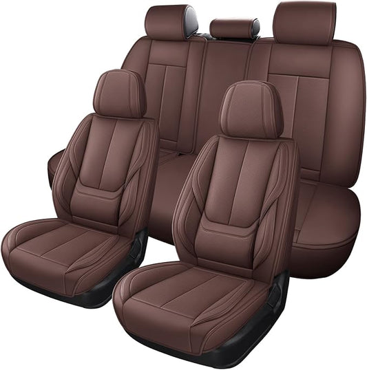 MINGBRON Car Seat Covers Full Set, Car Seat Cover Lumbar Support, Car Seat Protector Waterproof, Nappa Leather Car Seat Cushion, Front Seats and Back Fit for Most Cars Brown