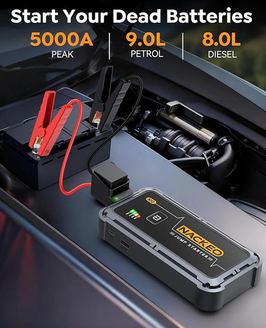 Portable Car Battery Jump Starter 5000A Car Jump Starter Battery Pack (9.0L Gas/8.5L Diesel), 12V Jump Box Car Battery Jumper Starter Portable Jumper Cables, Fast Charge, Lights, Compact