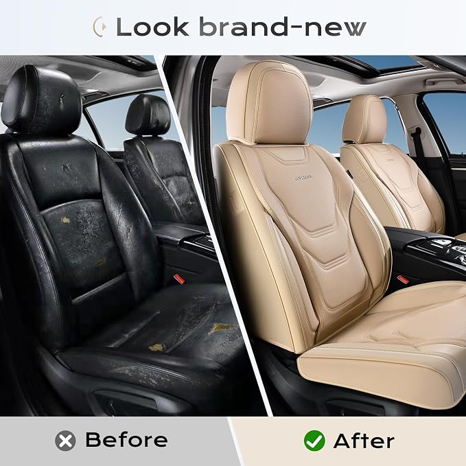 Coverado Car Seat Covers Full Sets, 5 Piece Car Seat Protector Waterproof Leather Seat Cushion Universal Fit for Truck Automotive Vehicles Beige