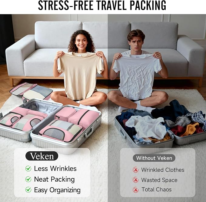 Veken 10 Set Packing Cubes for Travel Essentials,Anti-Wrinkle Buckled Suitcase Organizer for Shoe & Toiletry Bag,Carry On Luggage Bag with 99+ Count Mesh Holes for Airplane & College Dorm Accessories